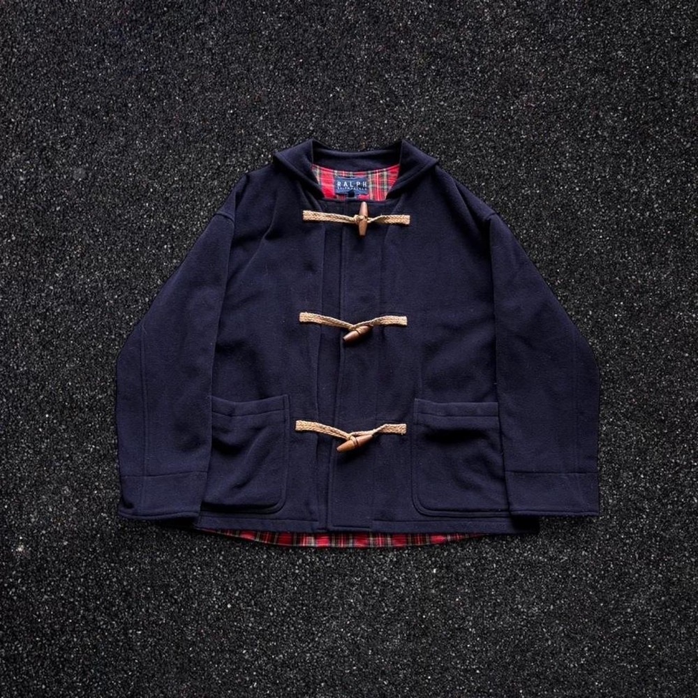 Vintage Ralph Lauren Navy Lambswool Plaid Lined Toggle Duffle Coat Mens Medium